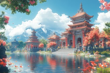 Obraz premium Serene lake view of ornate red buildings, mountains, flowers, and clear sky