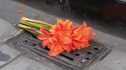 Orange flowers discarded street gutter city background sadness