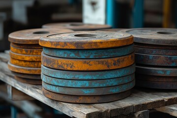 Rusty metal weight plates stacked in an industrial gym setting
