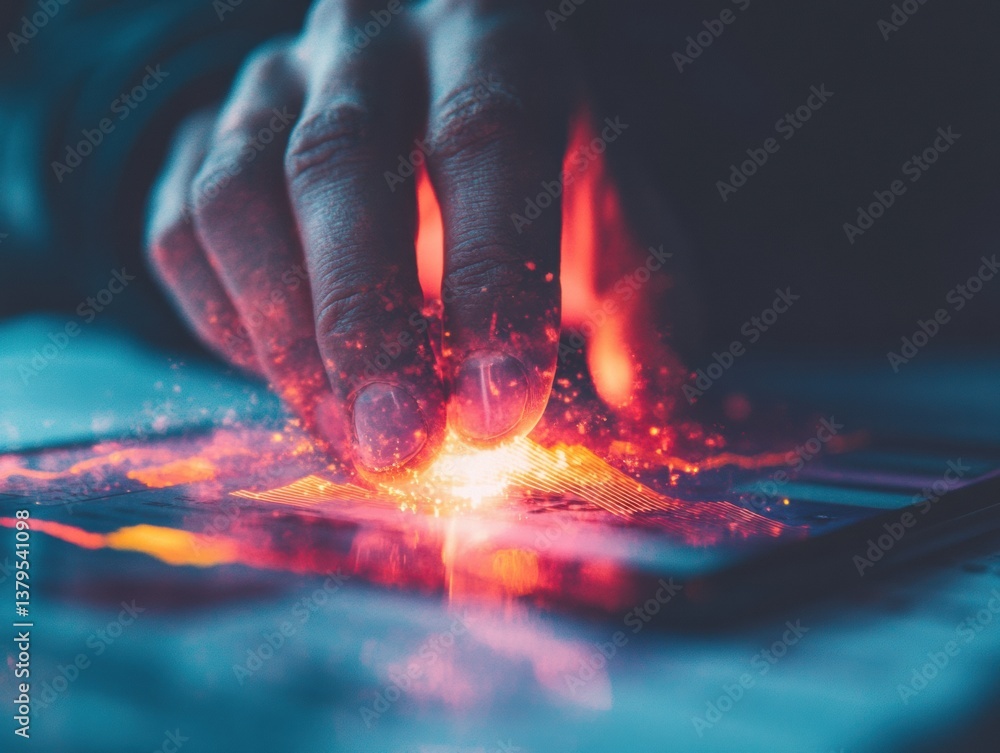 Poster Digital Disruption Unleashed Immersive Cybersecurity Visualization with Fiery Touch - Transformative Tech Innovation and Emotional Impact of Cutting-Edge Data Protection