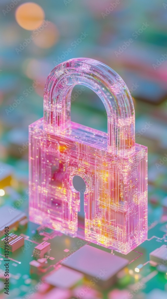 Aufkleber neon cybersecurity visualization translucent digital padlock in holographic pastel circuitry - next-