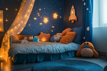 A cozy space themed childrens bedroom with night lighting