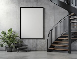 Interior with Blank Poster Mockup, Minimalist Chair, Plant and Spiral Staircase
