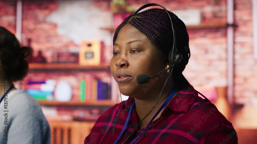 Poster happy call center agent providing step by step guidance to customers. smiling customer center worker