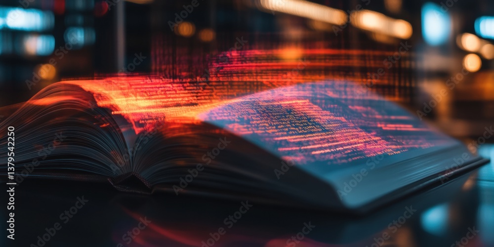 Poster Futuristic Learning Revolution Immersive Digital Book Interface Transforming Educational Technology with Holographic Data Visualization and Augmented Knowledge Experience