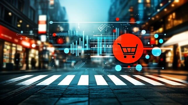 Digital shopping cart symbol is over a pedestrian crosswalk