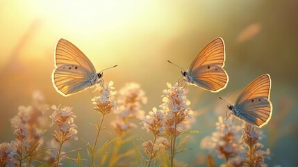 Sunset meadow butterflies feeding flowers nature