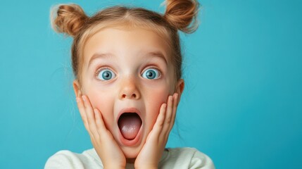 Joyful young girl with open mouth expressing excitement and happiness sitting against a bright colorful background