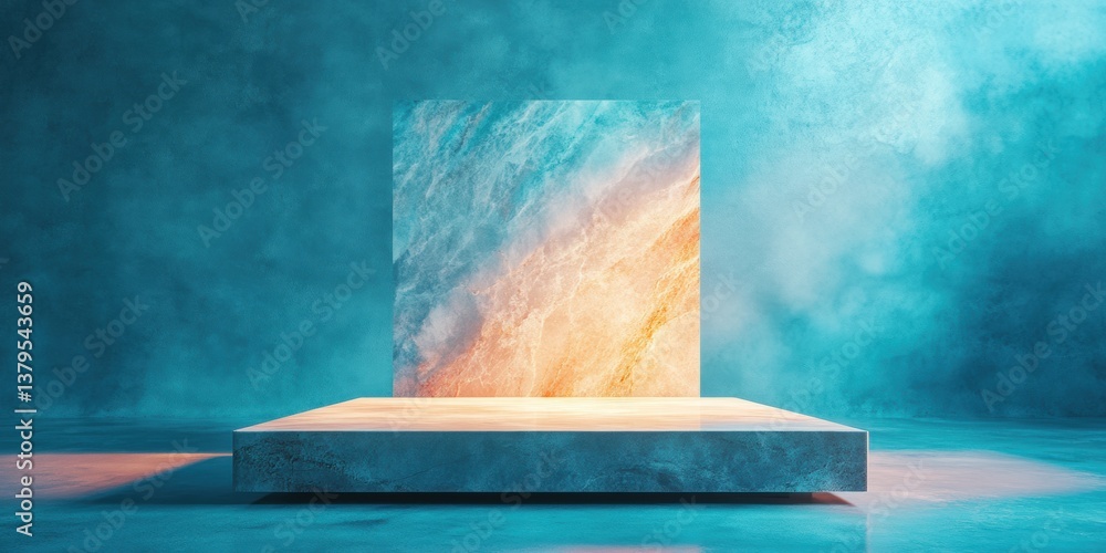 Poster Minimalist Abstract Podium Design Ethereal Gradient Backdrop for Luxury Product Presentation, Immersive Digital Marketing Visual with Soft Atmospheric Styling