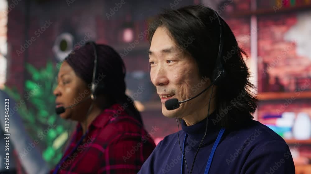Poster technical support specialist in call center office troubleshooting customer connectivity issue throu