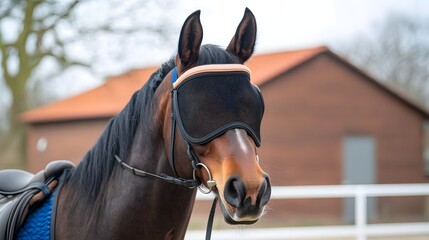 Close up view of a dark colored horse s head