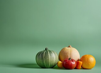 Arrangement of Seasonal Vegetables and Fruits on a Neutral Green Background