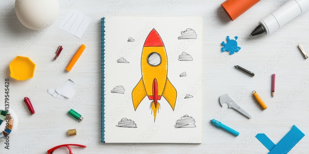 Poster Startup Ideation and Launch Visualization Minimalist Entrepreneurial Workspace with Rocket Sketch - Innovative Concept Development for Digital Age Creators
