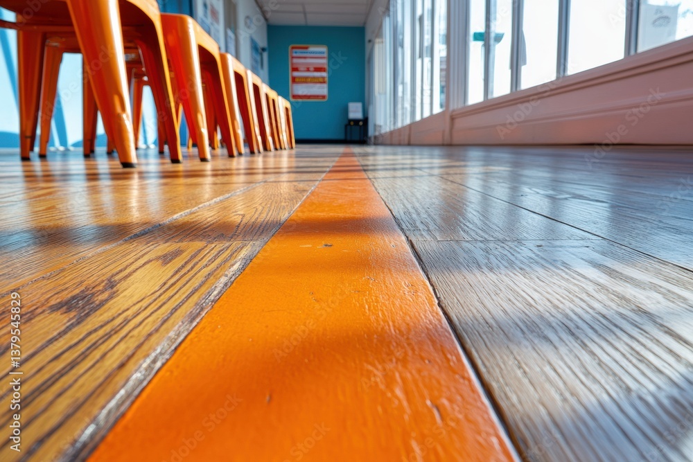 Poster Modern Workspace Design Vibrant Orange Minimalist Floor Accent Creating Dynamic Professional Environment with Creative Visual Flow and Innovative Architectural Perspective