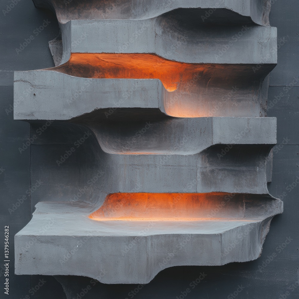Poster brutalist luminescence architectural concrete sculpture exploring liminal spaces with molten copper 