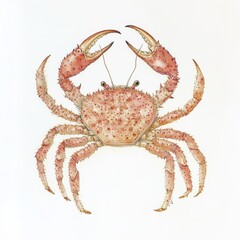 A close-up of a crab crawling on the sandy beach with the ocean waves gently lapping in the background