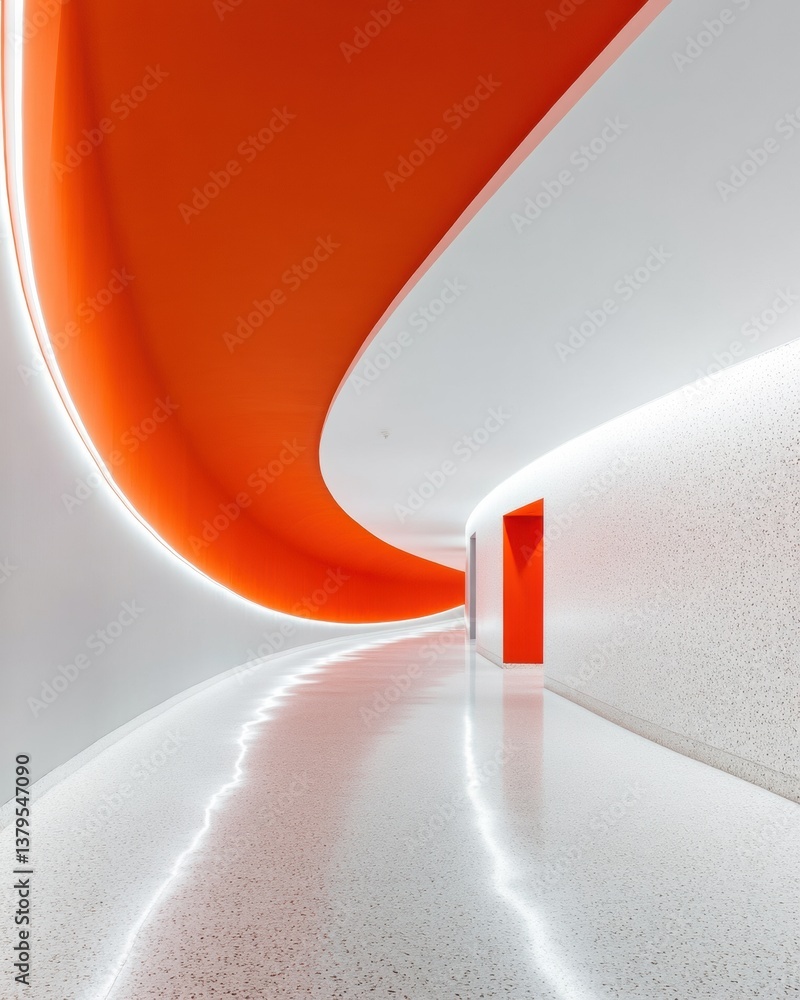 Poster Minimalist Spatial Design Dynamic Orange and White Architectural Flow - Innovative Parametric Interior Showcasing Next-Generation Aesthetic Immersion