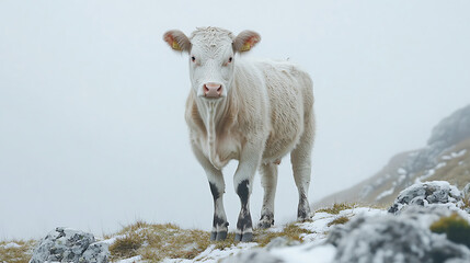 Fototapeta premium Beef cattle grazing on rocky terrain winter landscape white background nature photography close-up view