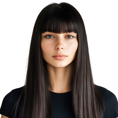 A Woman with Straight Blunt Bangs and Long Brown Hair Isolated on Transparent Background