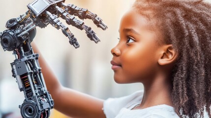 Young Black Girl Interacting with a Robotic Hand Outdoors