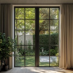 Fototapeta premium Cozy patio with a well-designed patio door leading to an outdoor space surrounded by lush greenery and relaxation