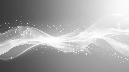 Abstract flowing wave of luminous white light streams across a soft gray background