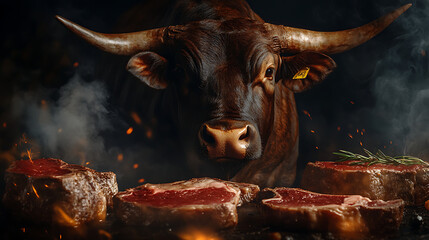 Beef cattle showdown premium cuts of beef rustic farm food photography dramatic lighting culinary concept