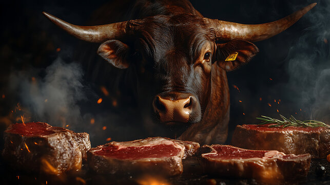 Beef cattle showdown premium cuts of beef rustic farm food photography dramatic lighting culinary concept