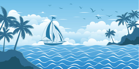 Seascape with sailing yacht, palm island, summer vacation, vector cartoon © Valerii