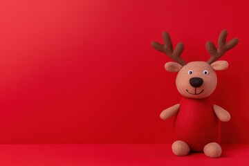 Adorable stuffed reindeer toy set against a bright red background perfect for holiday decorations and festive cheer