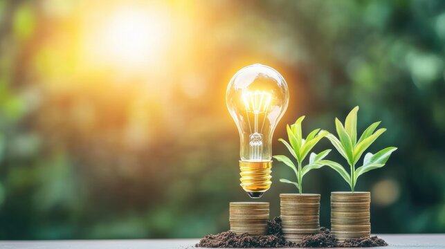 Glowing Lightbulb and Growing Plants on Stacks of Coins Against a Sunlit Green Background