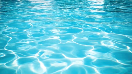 Obraz premium A tranquil swimming pool surrounded by lush greenery under a clear blue sky with reflections on the water surface