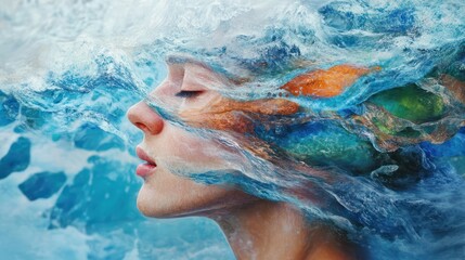 Fototapeta premium Woman, ocean, face, surreal, art, waves, flowing, paint, portrait, website