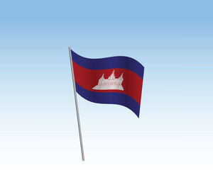 Vector realistic illustration of Cambodia flags. flag waving in the wind against a blue sky