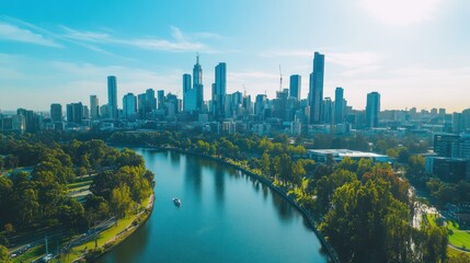 Fototapeta premium Cityscape, river, park, aerial, sunny, morning, boat, buildings, skyline, Australia, tourism