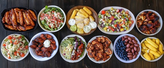 Diverse Food Platter Overhead Shot Featuring Wings Salad Corn and Fruit