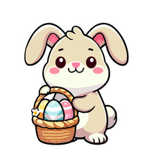 Adorable vector-style illustration of a cute bunny holding an Easter egg basket. The bunny has soft pastel cream fur, rosy cheeks, and bright eyes, giving it a charming and festive look. Perfect for E