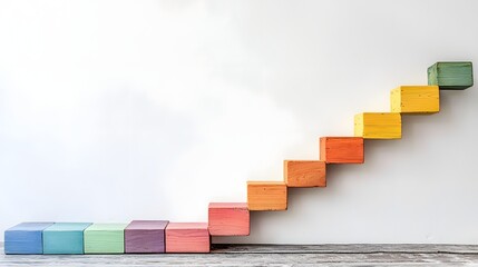 Vibrant multi colored wooden blocks arranged in a stepwise pattern creating a minimalist ladder like design against a plain white background