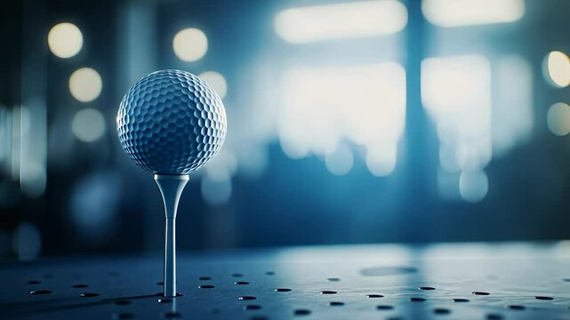 Golf ball on tee. Golf ball standing on green light. A dark room with a blue background. A tee with a golf ball resting on it lifestyle.