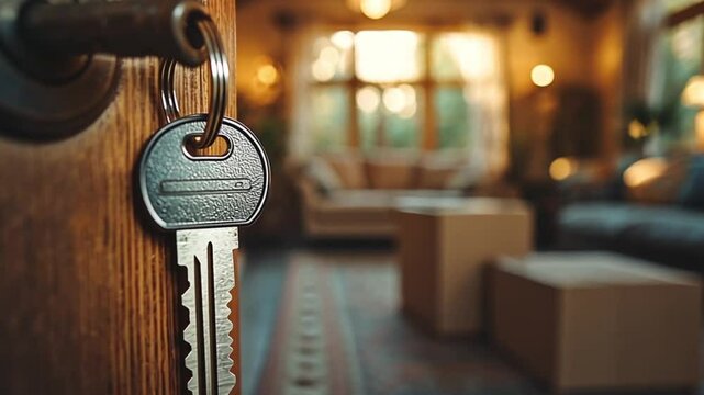 Key in door, home interior, moving, new beginning, potential use for real estate or relocation services