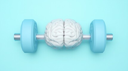 Conceptual image of a brain-shaped dumbbell on a turquoise background symbolizing fitness and mental strength for wellness and health themes