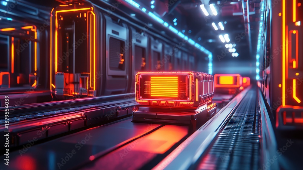 Poster ai-powered robotic conveyor system in a futuristic industrial setting, glowing data flow and hologra