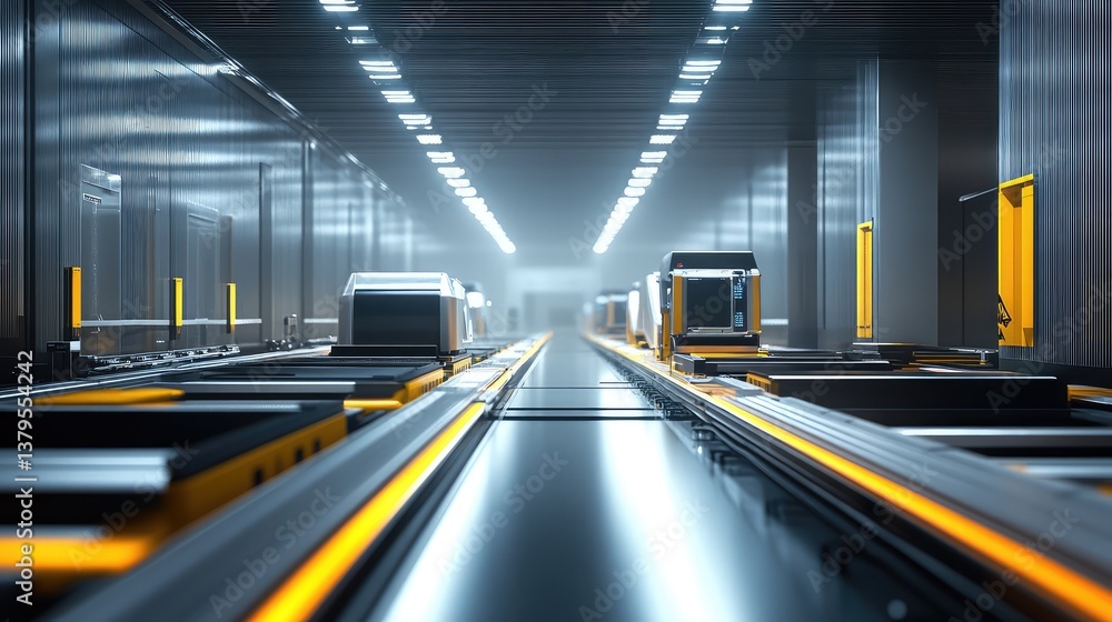 Poster ai-powered smart automation in an advanced logistics hub, futuristic robotic conveyor systems in a d
