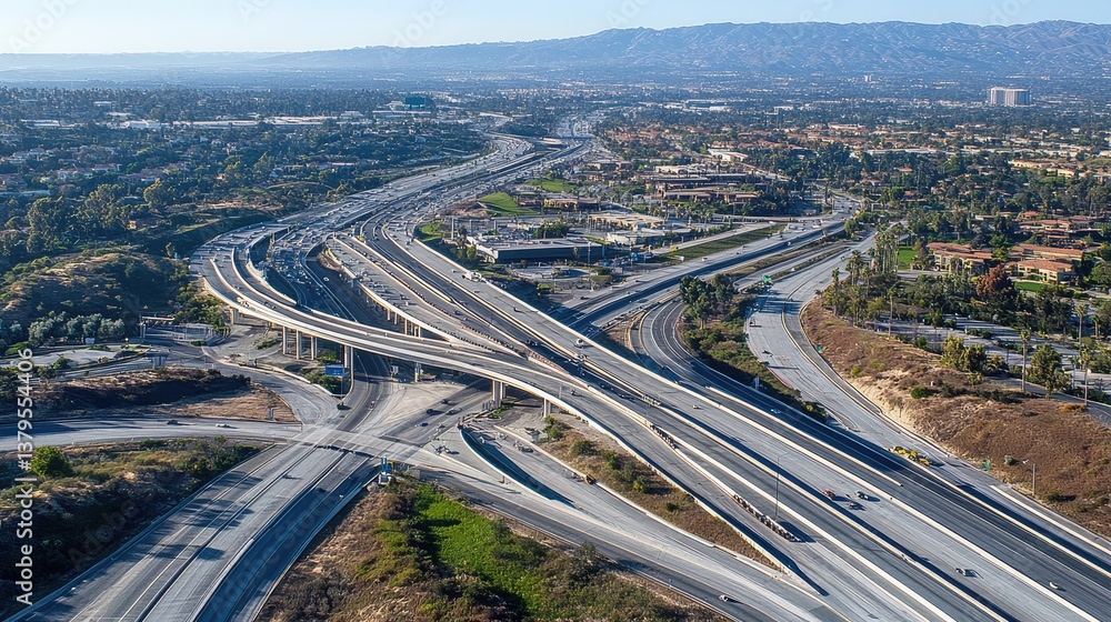 Poster an aerial view of a busy highway interchange, with multiple lanes and roads intersecting, leaving sp