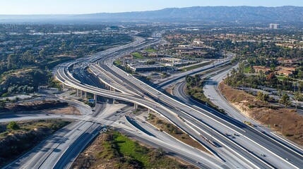 An aerial view of a busy highway interchange, with multiple lanes and roads intersecting, leaving space for text above.