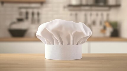 An elegant chef hat on a light wooden countertop, with soft natural light and clear space for text above.