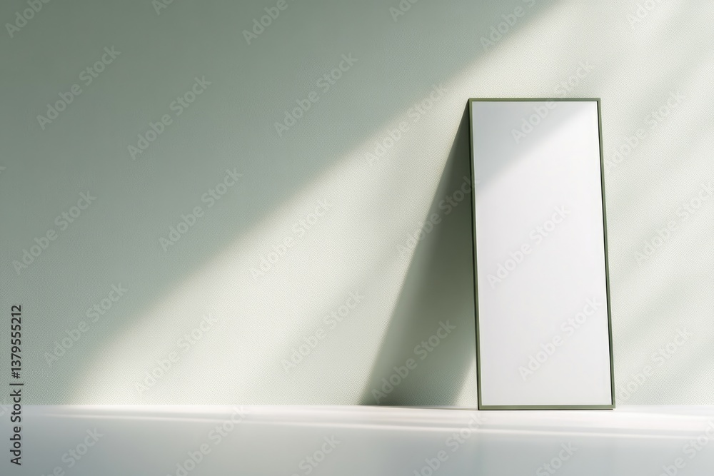 Poster lone mirror stands in empty room its frameless surface reflecting soft natural light minimalistic to