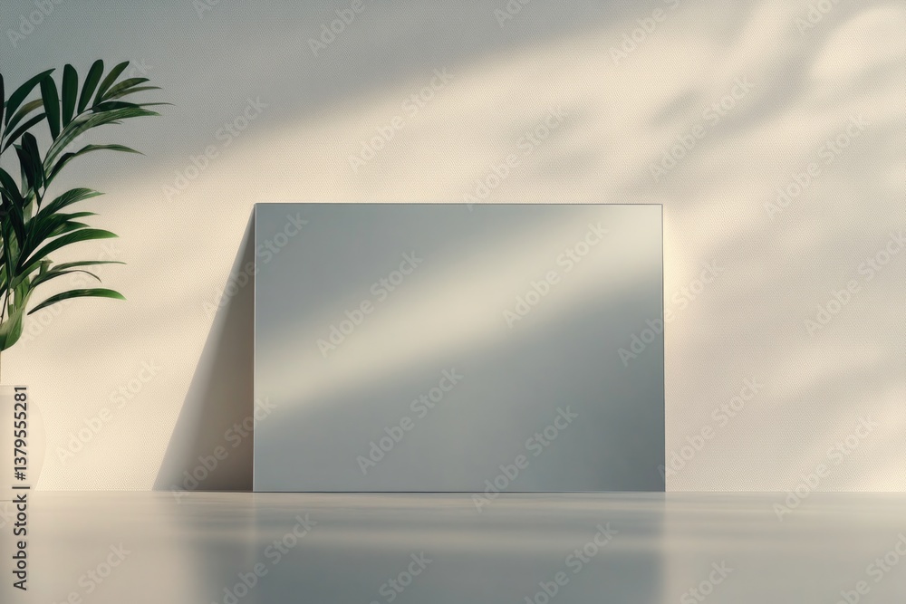 Poster lone mirror stands in empty room its frameless surface reflecting soft natural light minimalistic to