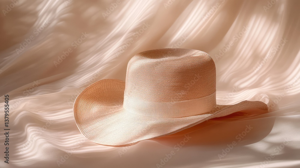 Poster an elegant wide-brim hat placed on a light background with soft diffused light and ample space above