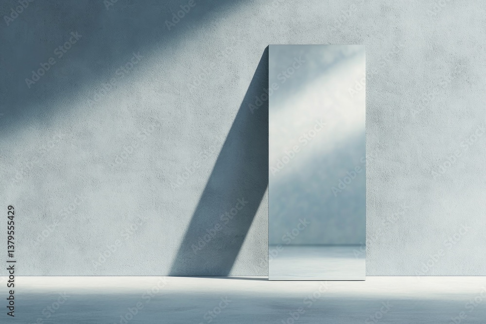 Poster lone mirror stands in empty room its frameless surface reflecting soft natural light minimalistic to
